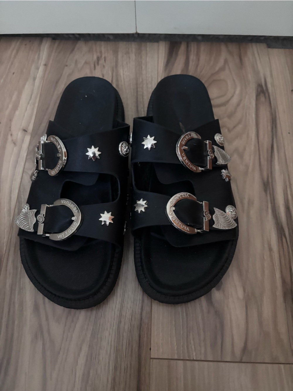 Black Slide Sandals with Silver Star & Buckle Accents